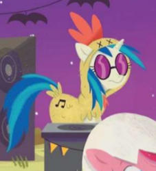 Size: 239x263 | Tagged: safe, artist:leire martin, imported from derpibooru, dj pon-3, pinkie pie, vinyl scratch, pony, unicorn, an egg-cellent costume party, animal costume, chicken suit, clothes, costume, cutie mark on clothes, little golden book, sunglasses