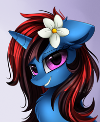 Size: 1446x1764 | Tagged: safe, artist:pridark, imported from derpibooru, oc, oc only, oc:lotus moon, pony, unicorn, bust, commission, cute, female, flower, flower in hair, ocbetes, portrait, purple eyes, solo