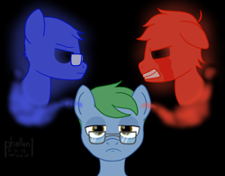 Size: 1438x1124 | Tagged: safe, artist:phallen1, imported from derpibooru, oc, oc only, oc:software patch, earth pony, pony, atg 2018, bags under eyes, black background, glasses, inner conflict, metaphor, newbie artist training grounds, simple background, split personality