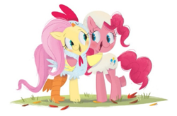 Size: 543x356 | Tagged: safe, artist:leire martin, imported from derpibooru, fluttershy, pinkie pie, earth pony, pegasus, pony, an egg-cellent costume party, animal costume, chicken pie, chicken suit, clothes, costume, cute, diapinkes, duo, egg costume, hug, little golden book, looking at each other, shyabetes, smiling