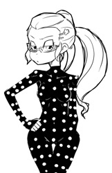 Size: 800x1236 | Tagged: safe, artist:zukicure5gogo, imported from derpibooru, sugarcoat, equestria girls, bodysuit, female, glasses, hand on hip, looking at you, monochrome, pigtails, solo, twintails