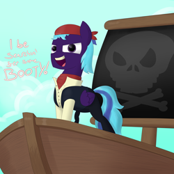 Size: 3000x3000 | Tagged: safe, artist:moonatik, imported from derpibooru, oc, oc only, oc:endless night, pony, butt, clothes, cloud, commission, pirate, pirate ship, plot, ship, skull and crossbones, solo