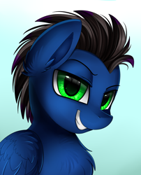 Size: 1424x1764 | Tagged: safe, artist:pridark, imported from derpibooru, oc, oc only, pegasus, pony, bust, commission, grin, looking at you, male, portrait, smiling, smug, solo, stallion