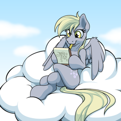 Size: 2000x2000 | Tagged: safe, artist:ohemo, imported from derpibooru, derpy hooves, pegasus, pony, atg 2018, cloud, crossed legs, drawing, female, mare, mouth hold, newbie artist training grounds, smiling