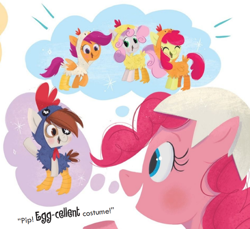 Size: 780x713 | Tagged: safe, artist:leire martin, imported from derpibooru, apple bloom, pinkie pie, pipsqueak, scootaloo, sweetie belle, earth pony, pegasus, pony, unicorn, an egg-cellent costume party, animal costume, blushing, chicken suit, clothes, colt, costume, cutie mark crusaders, egg costume, eyepatch, eyes closed, female, filly, little golden book, male, mare, open mouth, scootachicken, scootaloo is best chicken