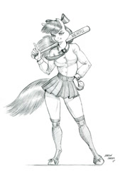 Size: 1007x1375 | Tagged: safe, artist:baron engel, imported from derpibooru, apple bloom, anthro, baseball bat, bow, breasts, clothes, female, grayscale, hair bow, monochrome, older, older apple bloom, pencil drawing, school uniform, shoes, simple background, sketch, solo, traditional art, white background