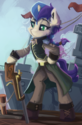 Size: 1280x1951 | Tagged: safe, artist:saxopi, imported from derpibooru, oc, oc only, oc:sofia, anthro, semi-anthro, unguligrade anthro, unicorn, clothes, gun, hoof on hip, musket, ship, solo, uniform, weapon