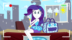 Size: 1280x720 | Tagged: safe, imported from derpibooru, screencap, rarity, best trends forever, equestria girls, equestria girls series, bag, bracelet, clothes, cute, female, hair flip, jewelry, legs, looking at you, pencil skirt, raribetes, rarity peplum dress, skirt, smiling, smiling at you, solo, video, video camera, wide eyes