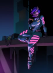 Size: 931x1280 | Tagged: safe, artist:toughset, imported from derpibooru, oc, oc only, oc:joyeus, anthro, zebra, anthro oc, catsuit, clothes, cyberpunk, dyed mane, ear piercing, eating, female, food, glow, glowing, goggles, latex, latex suit, neon, piercing, pizza, skates, solo