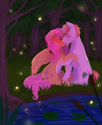 Size: 784x960 | Tagged: safe, artist:spazzyhippie, imported from derpibooru, fluttershy, oc, oc:lucky charm, firefly (insect), pegasus, pony, unicorn, canon x oc, couple, cute, eyes closed, female, first kiss, flucky, forest, grass, kissing, lilypad, male, night, pond, romantic, sitting, straight, tree, water