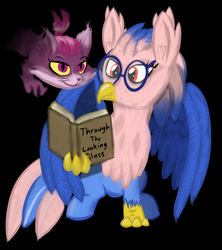 Size: 1856x2094 | Tagged: safe, artist:venaf, imported from derpibooru, oc, oc:vivian iolani, cat, classical hippogriff, hippogriff, atg 2018, black background, book, cheshire cat, glasses, newbie artist training grounds, reading, red eyes, simple background, sitting