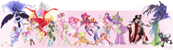 Size: 7800x2282 | Tagged: safe, artist:skirtzzz, imported from derpibooru, apple bloom, applejack, fluttershy, king sombra, nightmare moon, philomena, pinkie pie, princess cadance, princess celestia, princess luna, queen chrysalis, rainbow dash, rarity, scootaloo, spike, sunset shimmer, sweetie belle, trixie, twilight sparkle, zecora, changeling, human, phoenix, robot, armpits, big crown thingy, bikini, boots, card, claws, clothes, cutie mark crusaders, dress, dressphere, female, final fantasy x-2, flying, gala dress, horned humanization, humanized, jewelry, male, mane six, mascot, midriff, regalia, shoes, socks, spike suit, swimsuit, thigh highs, tongue out, winged humanization, wings