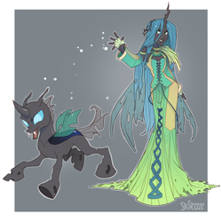 Size: 2600x2600 | Tagged: safe, artist:skirtzzz, imported from derpibooru, queen chrysalis, changeling, human, clothes, corset, crossover, dress, dressphere, final fantasy, final fantasy x-2, fingerless gloves, gloves, horned humanization, humanized, pony coloring, trainer