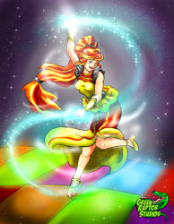 Size: 3021x3896 | Tagged: safe, artist:greenraptor15, artist:pete-da-graptor, imported from derpibooru, sunset shimmer, dance magic, equestria girls, spoiler:eqg specials, alternate hairstyle, bracelet, bracer, clothes, dress, female, flamenco, flamenco dress, jewelry, magic, open mouth, ponied up, shoes, solo, sparkles, sunset shimmer flamenco dress
