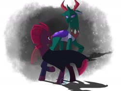Size: 1280x960 | Tagged: safe, artist:fallenangel5414, imported from derpibooru, pharynx, tempest shadow, changedling, changeling, pony, unicorn, clothes, eye scar, fangs, female, floppy ears, looking at each other, mare, prince pharynx, scar, tempynx