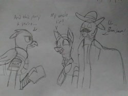 Size: 2560x1920 | Tagged: safe, artist:derpanater, imported from derpibooru, oc, oc only, oc:cloud dancer, oc:daisy ropes, griffon, unicorn, fallout equestria, armor, clothes, enclave, enclave armor, fake moustache, grand pegasus enclave, hat, ncr, pipbuck, sombrero, traditional art