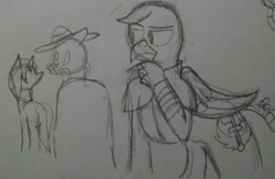 Size: 1827x1193 | Tagged: safe, artist:derpanater, imported from derpibooru, oc, oc only, oc:cloud dancer, oc:daisy ropes, oc:ranger garth, griffon, unicorn, fallout equestria, armor, clothes, duster, enclave, enclave armor, fake moustache, grand pegasus enclave, hat, ncr, power armor, sombrero, traditional art
