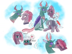 Size: 1600x1199 | Tagged: safe, artist:fallenangel5414, imported from derpibooru, grubber, ocellus, pharynx, tempest shadow, changedling, changeling, pony, unicorn, my little pony: the movie, alternate hairstyle, blushing, broken horn, colored sketch, crack shipping, cute, eye scar, female, interspecies, kiss on the lips, kissing, male, mare, prince pharynx, scar, scrunchy face, shipping, smiling, tempynx, twitterpated
