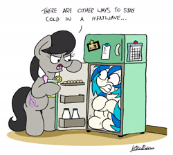 Size: 1786x1601 | Tagged: safe, artist:bobthedalek, imported from derpibooru, dj pon-3, octavia melody, vinyl scratch, earth pony, pony, unicorn, cold, dexterous hooves, drink, duo, egg, female, freezing, hoof hold, mare, milk, milk bottle, octavia is not amused, pony in fridge, refrigerator, shivering, simple background, unamused, white background