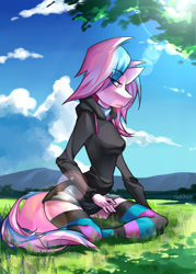 Size: 1417x1984 | Tagged: safe, artist:hattikey, imported from derpibooru, oc, oc only, oc:panda shade, anthro, alternate hairstyle, clothes, collar, hoodie, looking at you, outdoors, sitting, socks, striped socks