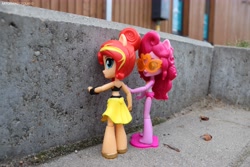Size: 6000x4000 | Tagged: safe, artist:artofmagicpoland, imported from derpibooru, pinkie pie, sunset shimmer, equestria girls, equestria girls series, breaking the fourth wall, clothes, doll, equestria girls minis, female, irl, photo, swimsuit, toy