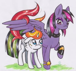 Size: 978x911 | Tagged: safe, artist:jonou, imported from derpibooru, oc, oc only, oc:starlyshow, oc:sweetypunk, alicorn, pegasus, pony, alicorn oc, collar, female, floppy ears, hug, looking at each other, makeup, mare, pegasus oc, signature, simple background, sisters, size difference, spiked collar, white background, winghug, wings