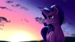 Size: 1920x1080 | Tagged: dead source, safe, artist:jeki, imported from derpibooru, starlight glimmer, pony, unicorn, cloud, female, mare, sky, solo, twilight (astronomy)