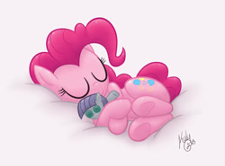 Size: 1150x850 | Tagged: safe, artist:kalyandra, imported from derpibooru, maud pie, pinkie pie, earth pony, pony, comfy, cuddling, cute, daaaaaaaaaaaw, diapinkes, eyes closed, female, plushie, sleeping, smiling, underhoof, weapons-grade cute