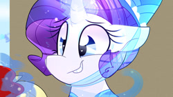 Size: 1024x576 | Tagged: safe, artist:lynchristina, imported from derpibooru, rarity, pony, digital art, female, floppy ears, glowing horn, mare, pinkie tales, sleeping beauty, slumberjack, smiling, solo, story in the source, story included
