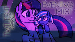 Size: 1920x1080 | Tagged: safe, artist:fukaketsu, artist:hyper dash, edit, editor:flutterverse, imported from derpibooru, twilight sparkle, oc, oc:evening mist, alicorn, pegasus, pony, desktop background, female, looking at each other, male, mother and son, twilight sparkle (alicorn), wallpaper