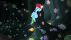 Size: 1280x720 | Tagged: safe, imported from derpibooru, screencap, rainbow dash, pegasus, pony, the end in friend, angry, cave, female, gem, gem cave, helmet, jumping, mare, mining helmet, solo