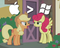 Size: 777x617 | Tagged: safe, edit, edited screencap, imported from derpibooru, screencap, applejack, strawberry sunrise, earth pony, pegasus, pony, honest apple, apple (company), argument, cropped, duo, female, image macro, mare, meme, microsoft, microsoft windows, opinion, pun, visual pun, windows