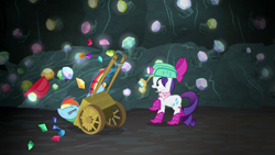 Size: 1280x720 | Tagged: safe, imported from derpibooru, screencap, rainbow dash, rarity, pony, the end in friend, boomerang (tv channel), boots, cart, clothes, duo, female, gem, gem cave, glitter boots, hat, helmet, mare, mining helmet, open mouth, raised hoof, shoes, wagon