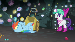 Size: 1280x720 | Tagged: safe, imported from derpibooru, screencap, rainbow dash, rarity, pegasus, pony, unicorn, the end in friend, boots, cart, clothes, duo, eyes closed, female, gem, gem cave, glitter boots, helmet, mare, mining helmet, neckerchief, on back, open mouth, rainbow crash, shoes