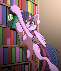 Size: 1700x2000 | Tagged: safe, artist:ohemo, imported from derpibooru, queen chrysalis, twilight sparkle, alicorn, changeling, pony, atg 2018, book, bookshelf, disguise, disguised changeling, fake book cover, female, gradient background, inanimate tf, mare, newbie artist training grounds, smiling, that pony sure does love books, transformation, twilight sparkle (alicorn)