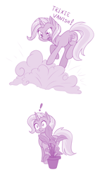 Size: 800x1380 | Tagged: safe, artist:dstears, imported from derpibooru, trixie, pony, unicorn, atg 2018, cute, diatrixes, exclamation point, female, hiding, mare, monochrome, newbie artist training grounds, plant, purple, simple background, smoke bomb, solo, white background