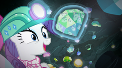 Size: 1920x1080 | Tagged: safe, imported from derpibooru, screencap, rarity, pony, the end in friend, cave, female, gem, gem cave, helmet, magic, mare, mining helmet, reflection, smiling, solo, telekinesis