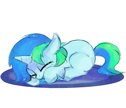 Size: 837x717 | Tagged: safe, artist:aureai-sketches, imported from derpibooru, oc, oc only, oc:cyan lightning, pony, unicorn, colt, floppy ears, hoof fluff, lying, male, simple background, sleeping, solo, white background