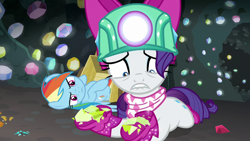 Size: 1280x720 | Tagged: safe, imported from derpibooru, screencap, rainbow dash, rarity, pony, the end in friend, bandana, boomerang (tv channel), boots, clothes, distraught, duo, female, gem, gem cave, glitter boots, helmet, mare, mining helmet, shards, shoes, wagon