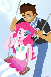 Size: 1440x2158 | Tagged: safe, artist:leone di cielo, imported from derpibooru, pinkie pie, oc, oc:copper plume, equestria girls, equestria girls series, bow, canon x oc, clothes, commissioner:imperfectxiii, copperpie, cute, female, freckles, geode of sugar bombs, glasses, happy, magical geodes, male, neckerchief, pants, pantyhose, shirt, skirt, smiling, swing
