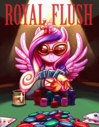 Size: 2700x3450 | Tagged: safe, artist:whitediamonds, imported from derpibooru, princess cadance, alicorn, pony, crown, drink, female, glasses, jewelry, mare, poker, poker chips, regalia, solo, sunglasses