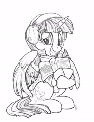 Size: 1583x2048 | Tagged: safe, artist:whitediamonds, imported from derpibooru, twilight sparkle, twilight sparkle (alicorn), alicorn, pony, book, female, headphones, headset, league of legends, mare, sketch, smiling, solo, traditional art