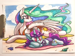 Size: 2048x1534 | Tagged: safe, artist:whitediamonds, imported from derpibooru, princess celestia, oc, oc:blooming corals, alicorn, pony, beach, clothes, cloud, duo, female, mare, sand, side-tie bikini, swimsuit, towel, traditional art