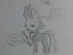 Size: 4032x3024 | Tagged: safe, artist:cheesy-puffs, imported from derpibooru, twilight sparkle, pony, unicorn, bowtie, clothes, dialogue, female, grayscale, gun, james bond, mare, monochrome, solo, traditional art, tuxedo, weapon