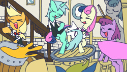 Size: 700x400 | Tagged: safe, artist:lentoto, imported from derpibooru, applejack, berry punch, bon bon, lyra heartstrings, earth pony, pony, unicorn, bowtie, cello, clothes, dancing, dress, eyes closed, female, mare, musical instrument, tuxedo