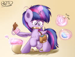 Size: 2800x2100 | Tagged: safe, artist:bronybehindthedoor, imported from derpibooru, twilight sparkle, alicorn, pony, clock, clothes, coffee, female, magic, mug, saddle bag, socks, solo, telekinesis, twilight sparkle (alicorn)