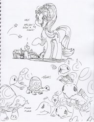 Size: 2424x3161 | Tagged: safe, artist:dilarus, deleted from derpibooru, imported from derpibooru, starlight glimmer, tank, pony, unicorn, candle, dialogue, monochrome, onomatopoeia, sketch, sketch dump, stars, the many faces of tank, traditional art