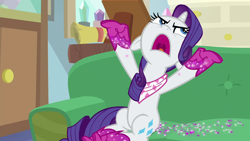 Size: 1280x720 | Tagged: safe, imported from derpibooru, screencap, rarity, pony, unicorn, the end in friend, boots, female, floppy ears, glitter, glitter boots, mare, open mouth, shoes, sitting, solo, starlight's office