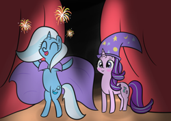 Size: 2220x1568 | Tagged: safe, artist:artiks, imported from derpibooru, starlight glimmer, trixie, pony, unicorn, bipedal, blushing, cape, clothes, curtains, duo, duo female, female, fireworks, hat, mare, stage, trixie's cape, trixie's hat