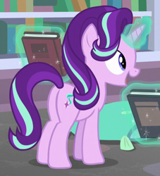 Size: 475x522 | Tagged: safe, imported from derpibooru, screencap, starlight glimmer, pony, unicorn, the end in friend, butt, cropped, female, glimmer glutes, glowing horn, horn, magic, mare, open mouth, plot, smiling, solo, telekinesis